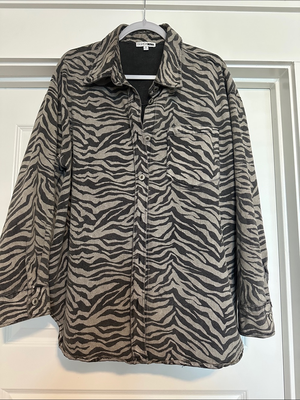 Fashion Nova Gray and Black Zebra Print Jean Jacket